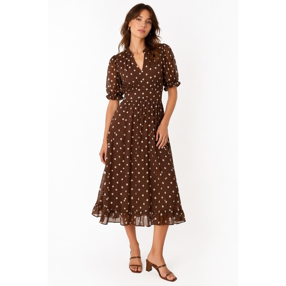 Le Serein Brown Polka Dot Ruffle Midi Dress Womens Size M NWT